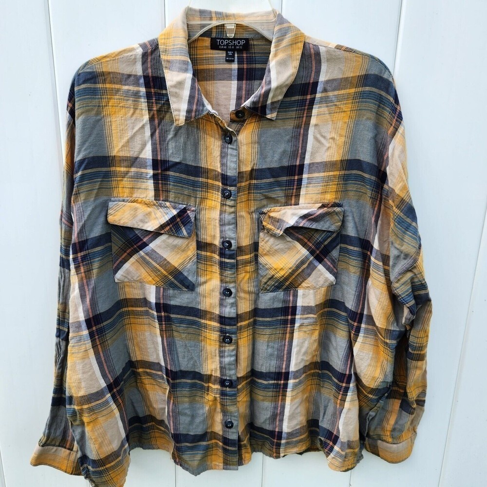 Topshop Womens Size 8 Plaid Button Down Shirt Fall Farmer Country Cottage